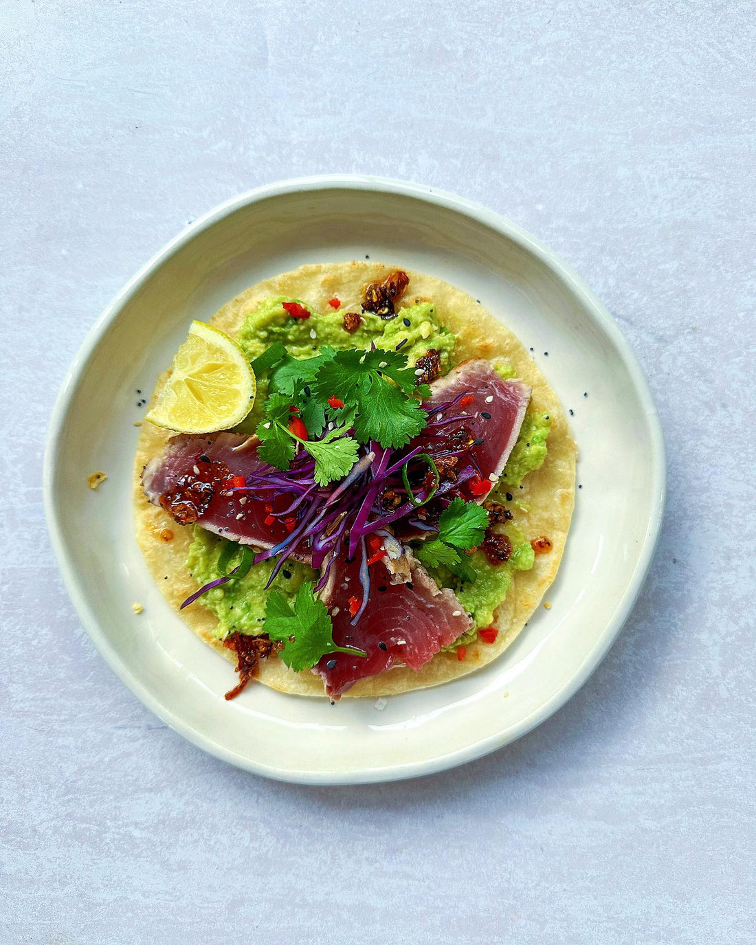 Seared tuna tacos with all the usual trimmings