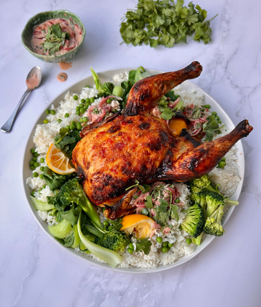 Asian inspired roast chicken with coconut rice and green