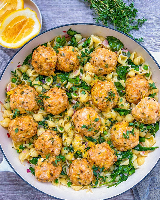Cheesy sage and chicken meatballs with a creamy pea & spinach pasta