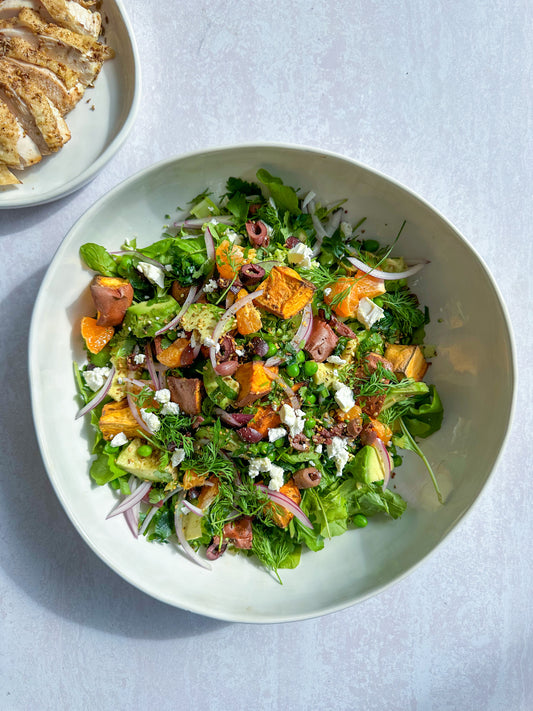 Roast Kumara and avocado herb salad
