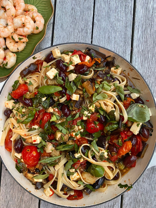 Slow roasted tomato & eggplant pasta with feta & olives